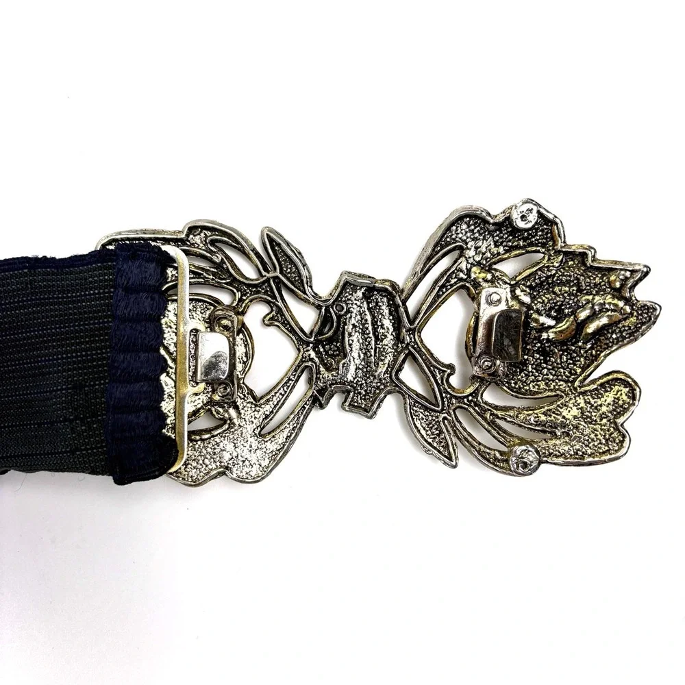 VTG 80s Waist Cincher Floral Buckle Belt Gold Hardware Navy Elastic Band‎ Boho